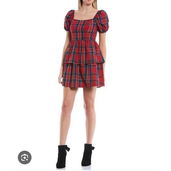 COPPER KEY Dress Size Large Red Plaid Mini Tiered Babydoll Puff Sleeves NWT NEW - Picture 6 of 6